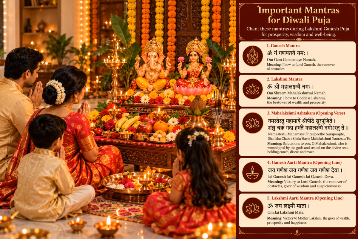 Diwali Puja Vidhi: A Step-by-Step Guide for Lakshmi Ganesh Puja 4 Diwali puja mantras: a family praying before Lakshmi and Ganesh beside a chart of five Lakshmi Ganesh mantras