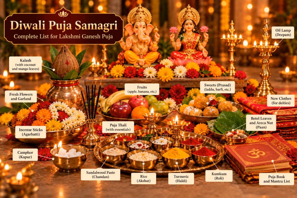 Diwali Puja Vidhi: A Step-by-Step Guide for Lakshmi Ganesh Puja 2 Diwali puja samagri list: Kalash, flowers, puja thali, diyas, rice, turmeric, kumkum, sweets, and betel leaves before Lakshmi and Ganesh