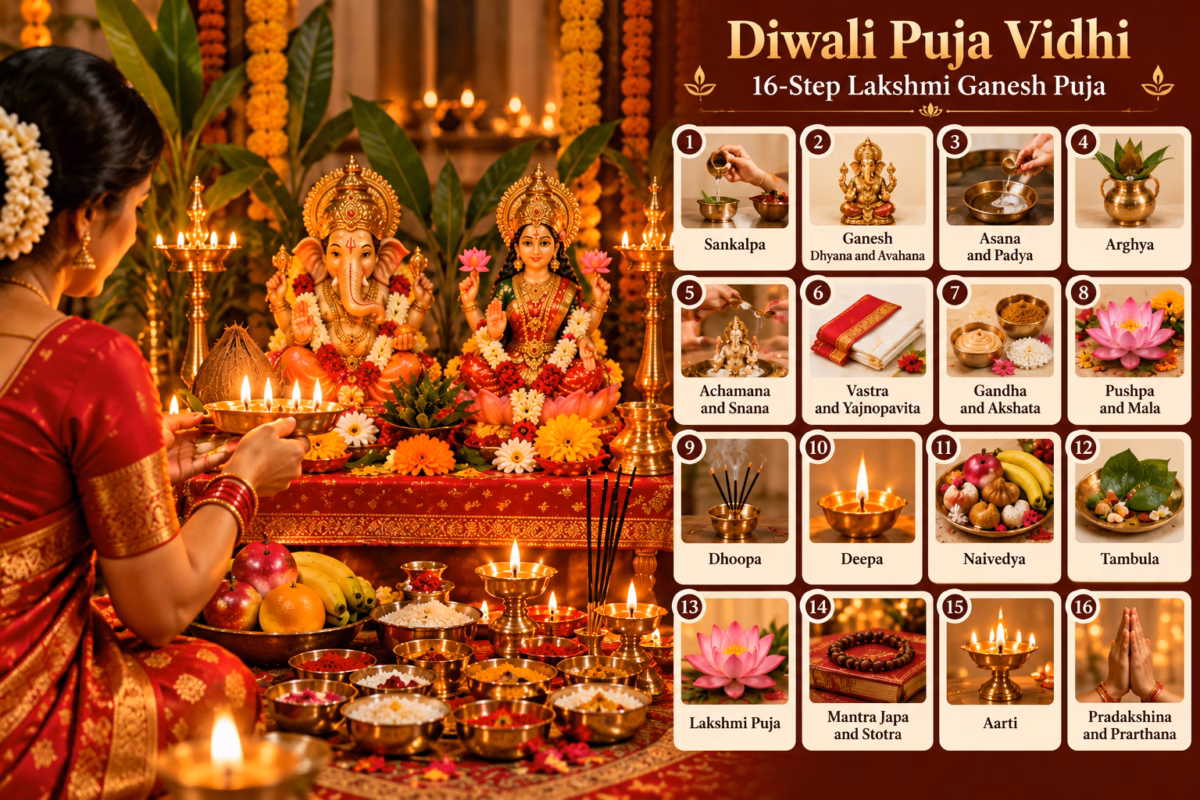 Diwali Puja Vidhi: A Step-by-Step Guide for Lakshmi Ganesh Puja 3 Diwali Puja Vidhi in 16 steps: a woman performing Lakshmi Ganesh puja beside a chart of the steps from sankalpa to pradakshina