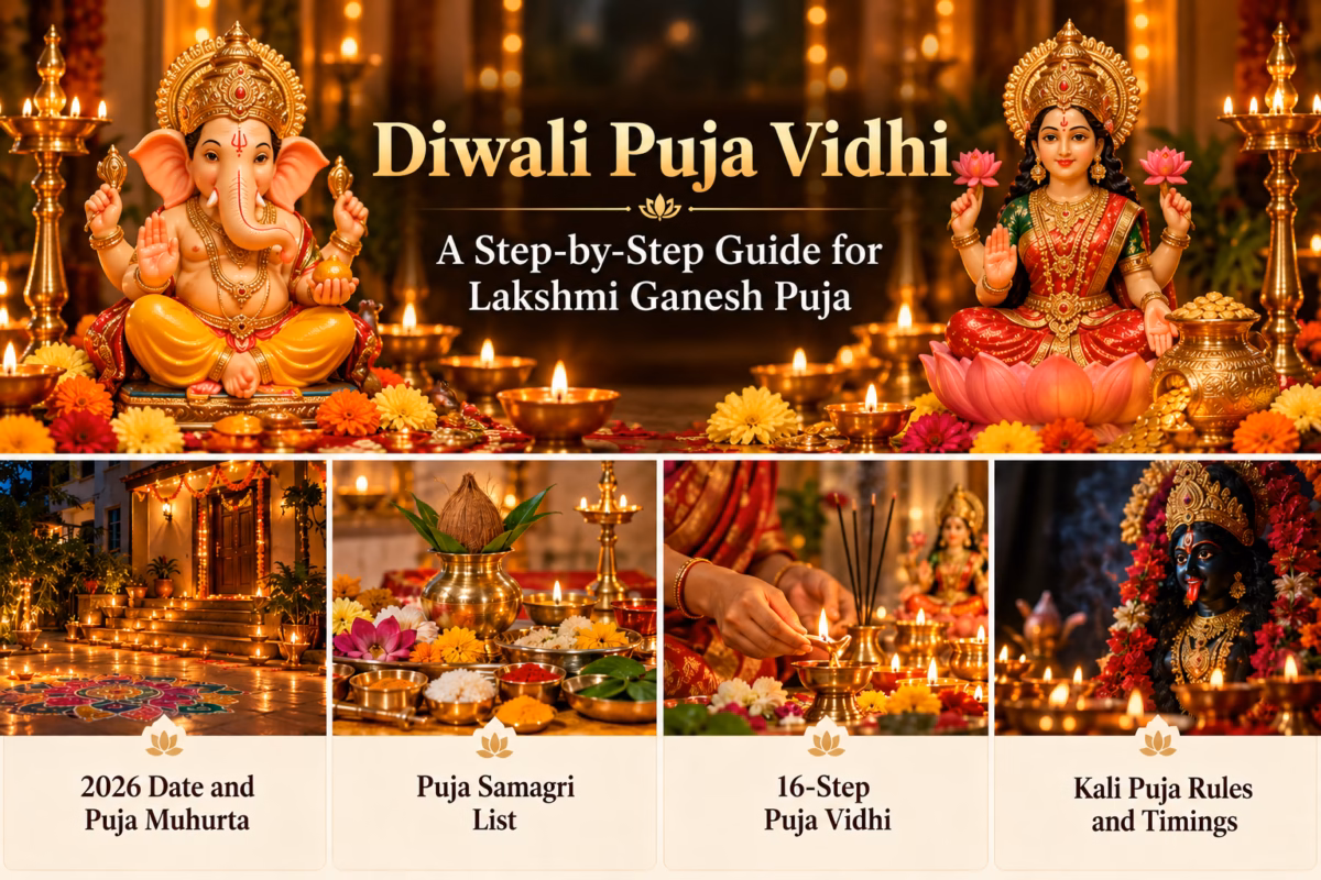 Diwali Puja Vidhi: A Step-by-Step Guide for Lakshmi Ganesh Puja 13 Diwali Puja Vidhi: Ganesh and Lakshmi idols with lit diyas, with panels on the 2026 muhurta, samagri, the 16-step puja, and Kali Puja